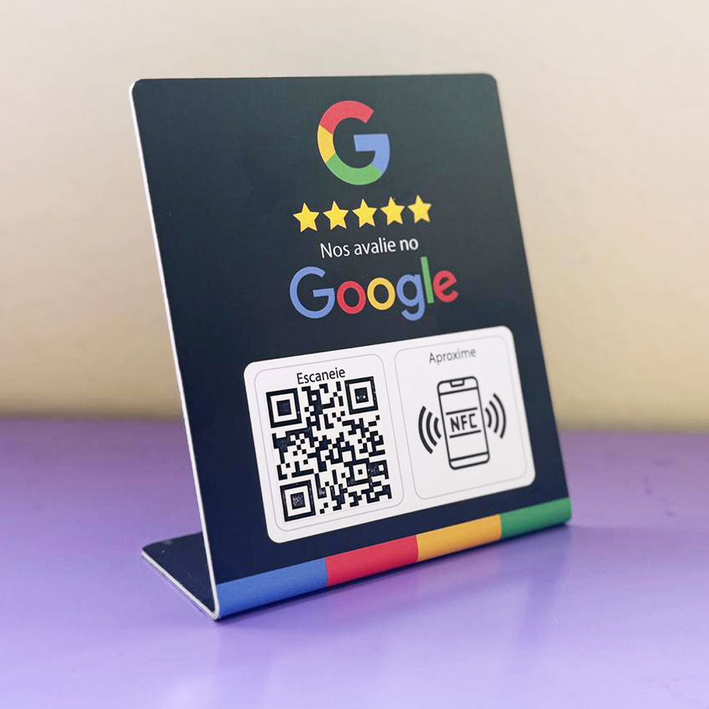 Placa display com Chip Nfc e Qr Code - Google Preta